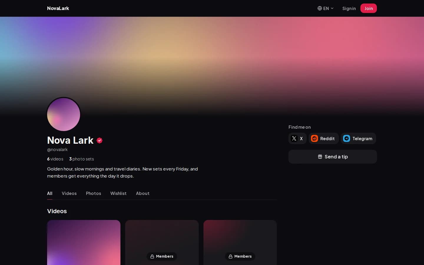 A creator’s site in the Noir vibe, on a computer